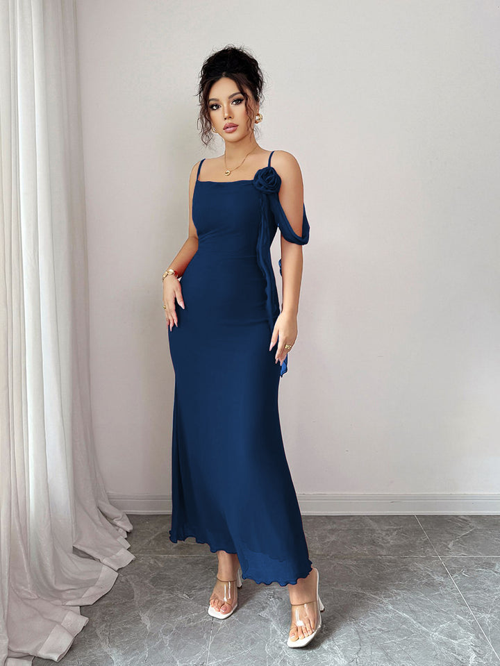 Blue Spaghetti Strap Flower Detail Dress