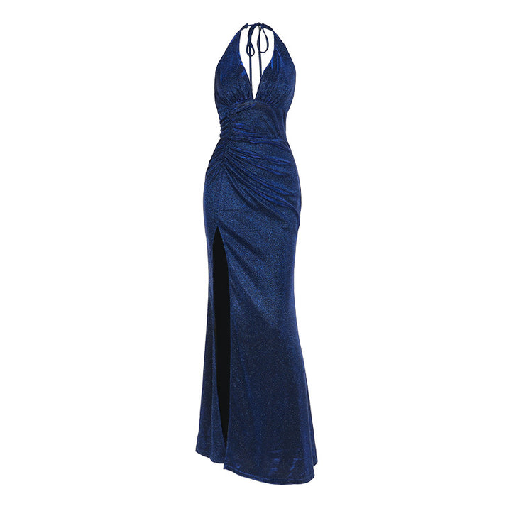 Blue  Halter Neck, Waist Ruching High Slit Maxi Dress