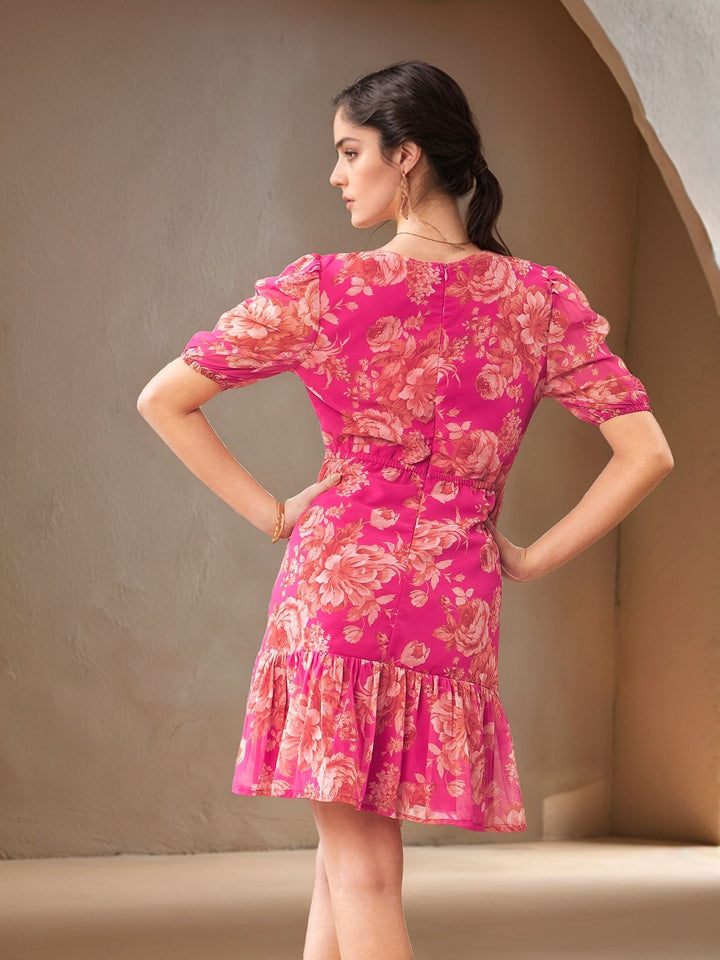 Pink Short Sleeve Printed V Neck Dress