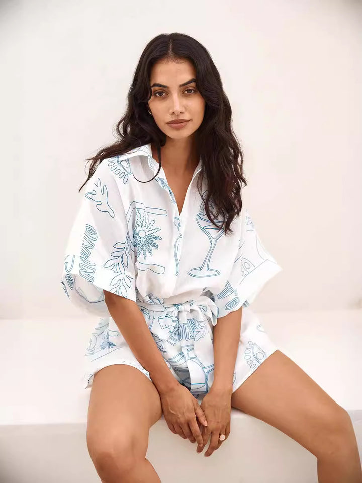 Blue Printed Shirt And Shorts Co-Ord Set