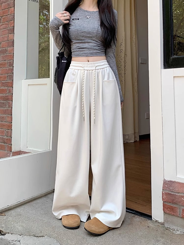 Cream High Waist Attached Drawstring Pant