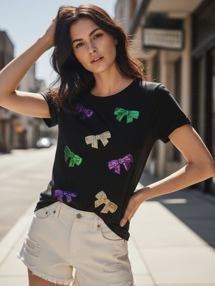 Black Sequined Bow Tshirt