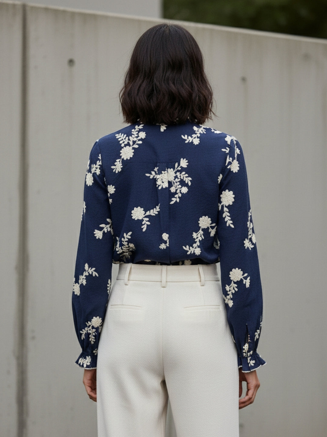 Navy Blue Bishop Sleeve Front Buttoned Embroidered Top