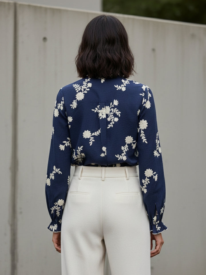 Navy Blue Bishop Sleeve Front Buttoned Embroidered Top