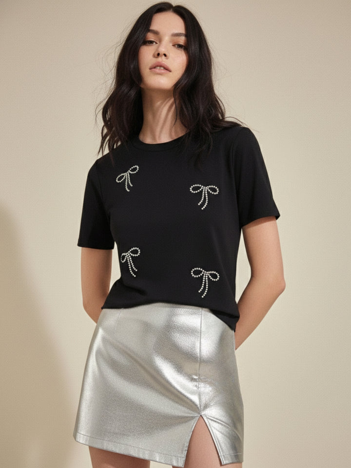 Black Embellished All Over Bows T-Shirt