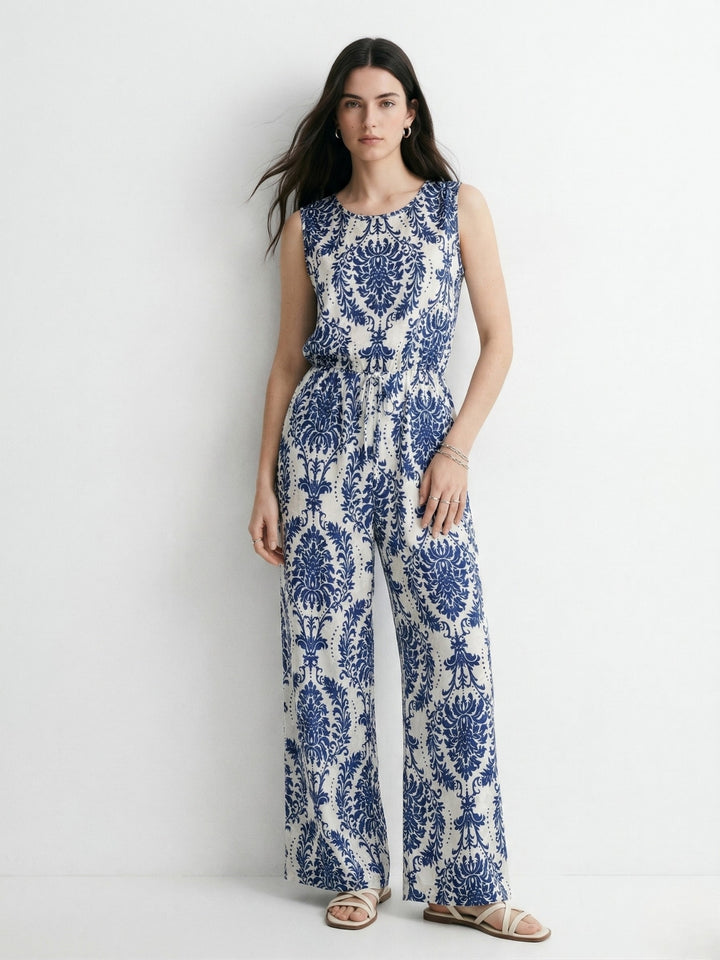 Blue Sleeveless Printed Jumpsuits