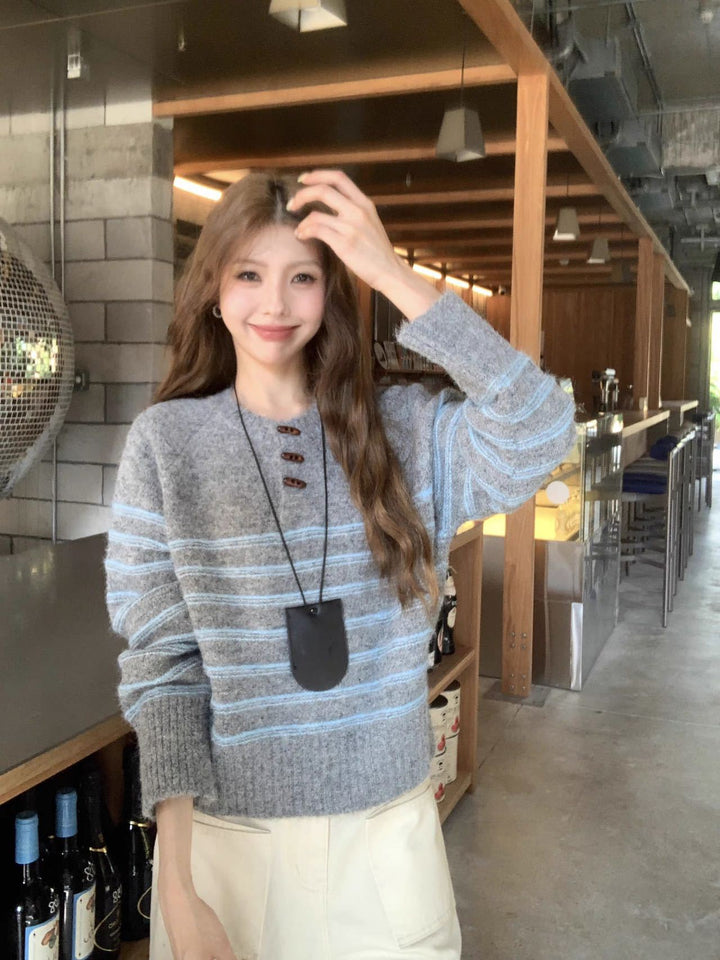 Grey Full Sleeve Striped Sweater