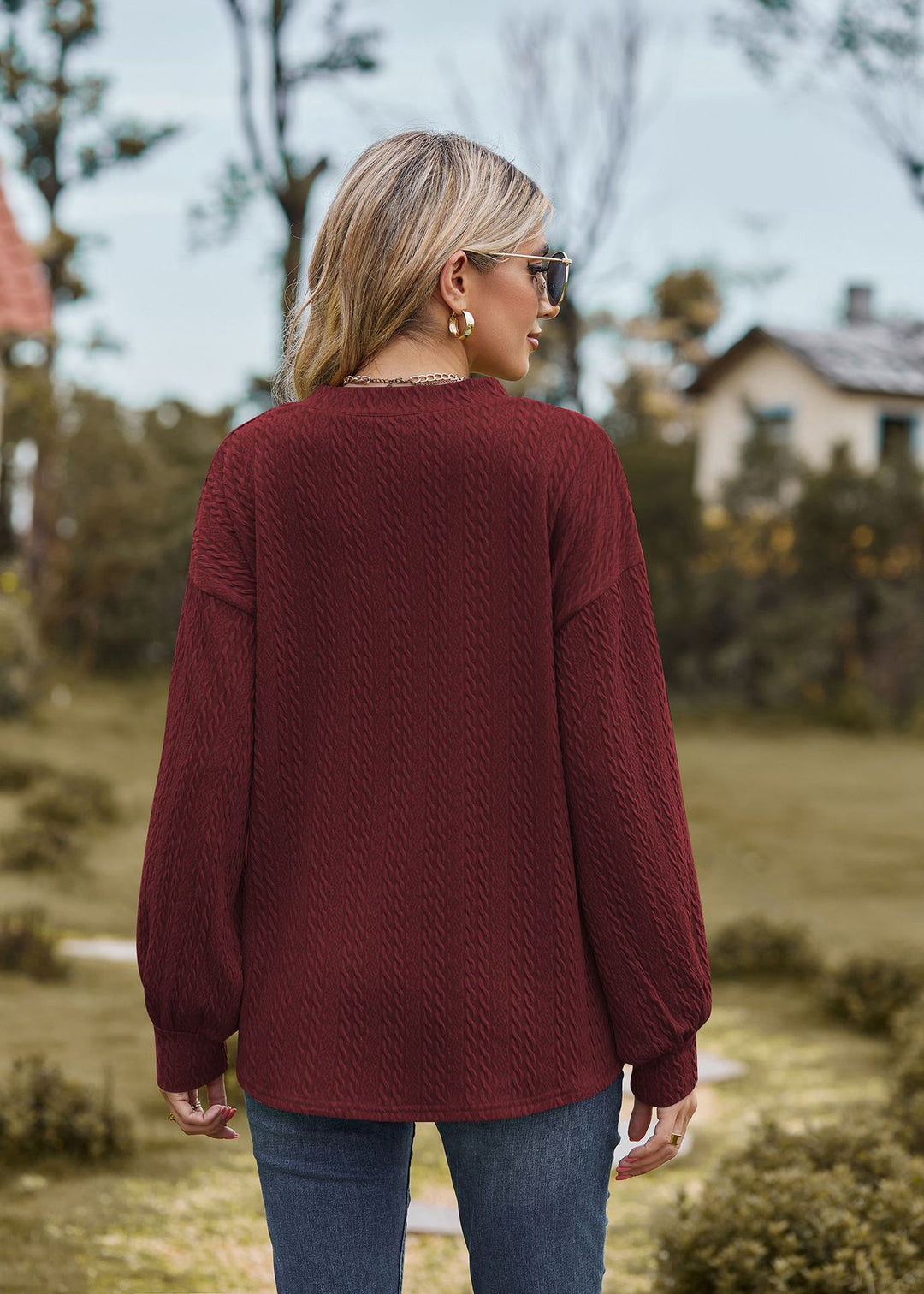 Maroon Bishop Sleeve V Neck Sweatshirt