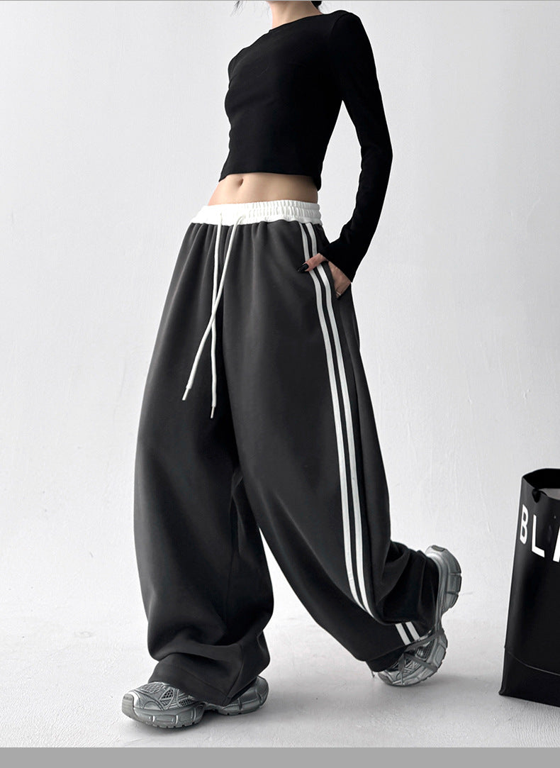 Black High Waist Contrast Band Baggy Pant