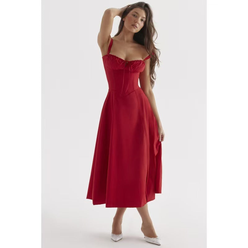 Red Strappy Corset Midi Dress