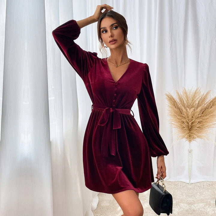 Burgundy V Neck Button Up Velour Dress With Tie Up