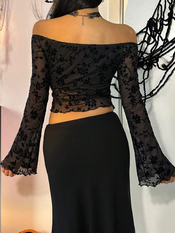 Black Bell Sleeve Semi Sheer Asymmetrical Top