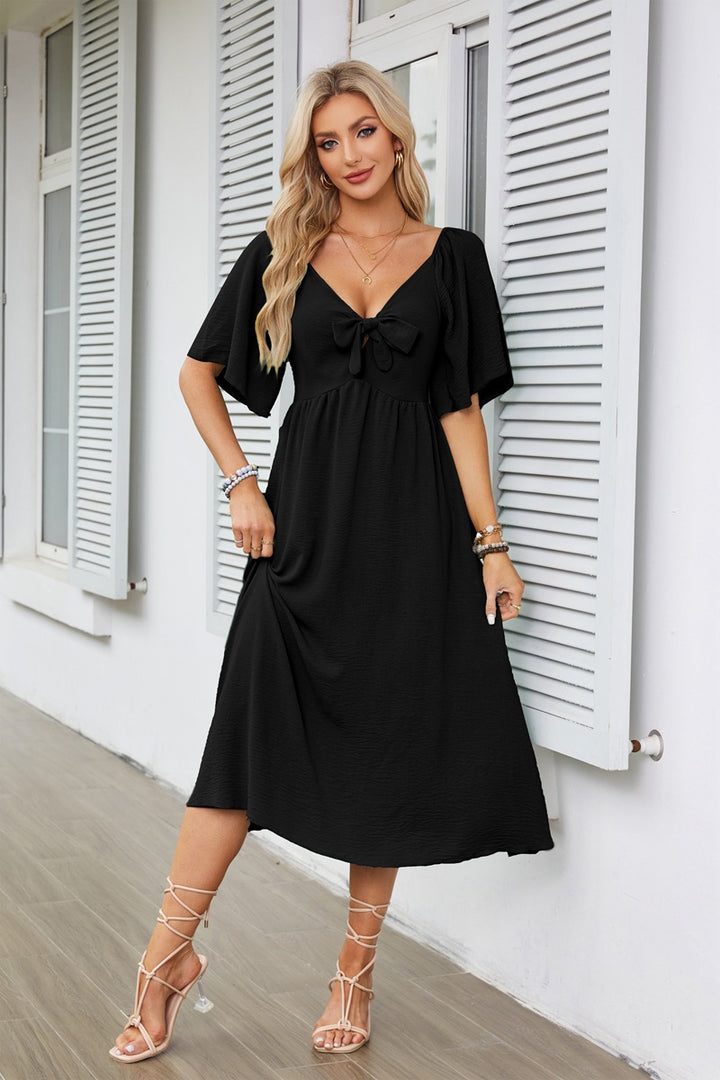 Black Flutter Sleeved Bow Detailed Neck Dress