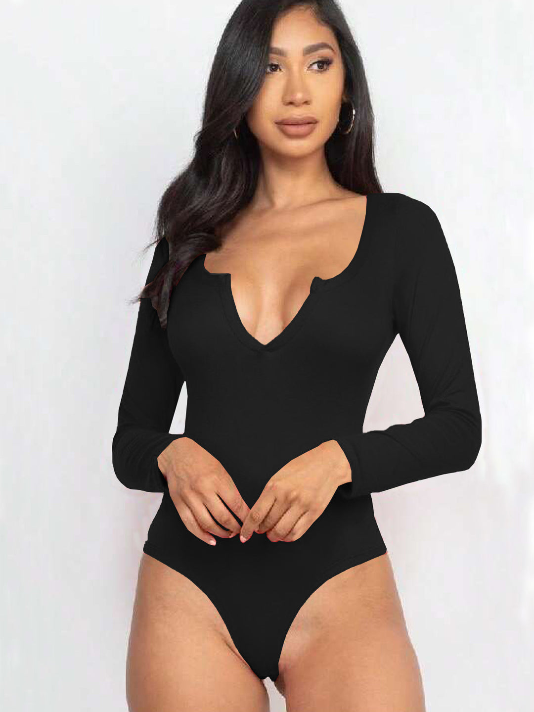 Black Full Sleeved Scoop V-Neck Bodysuit