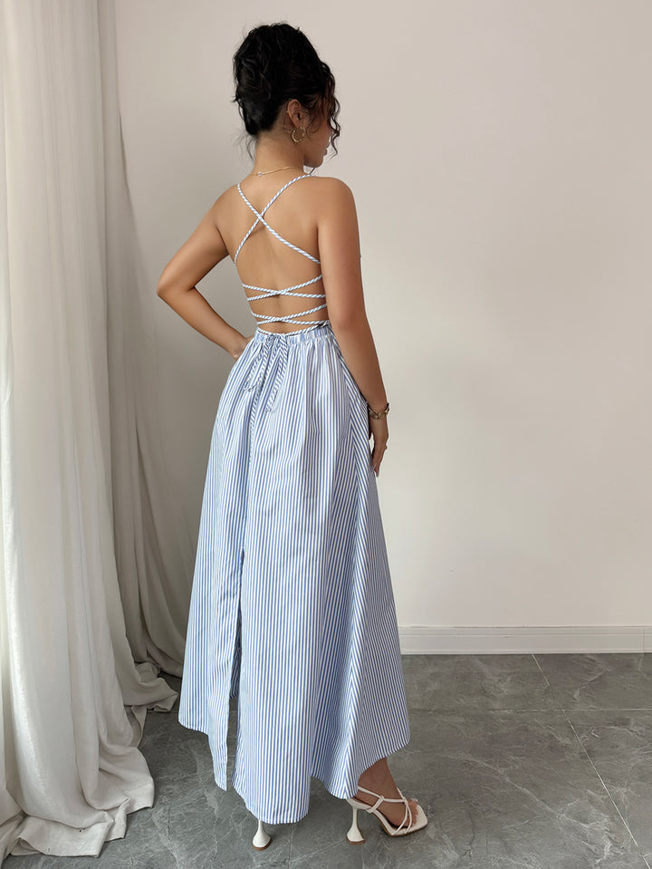 Blue Backless Striped Maxi Dress