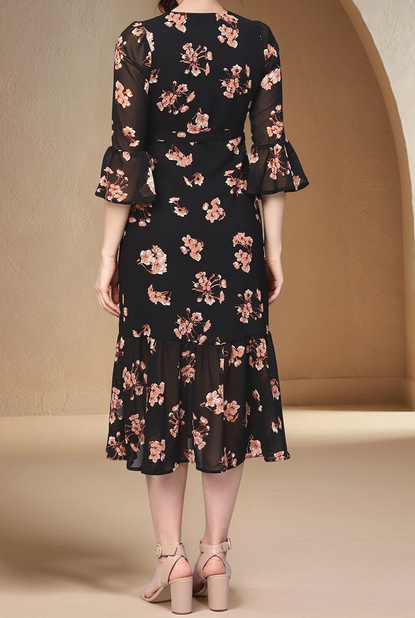 Black  Bishop Sleeve Printed V Neck Dress