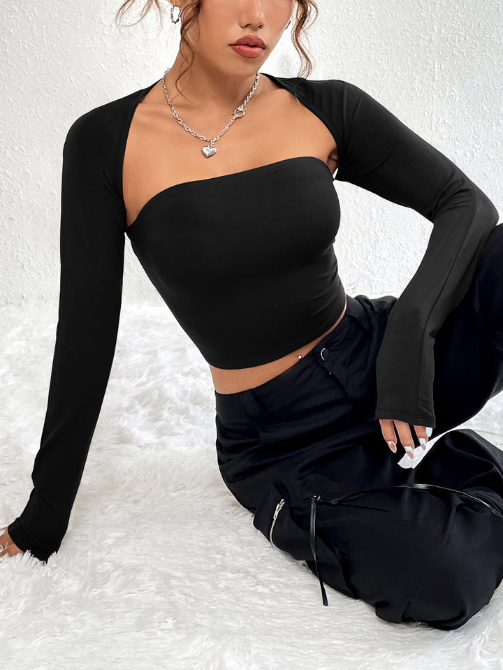 Black Scoop Sweetheart Neckline Fitted Overlay Style Top