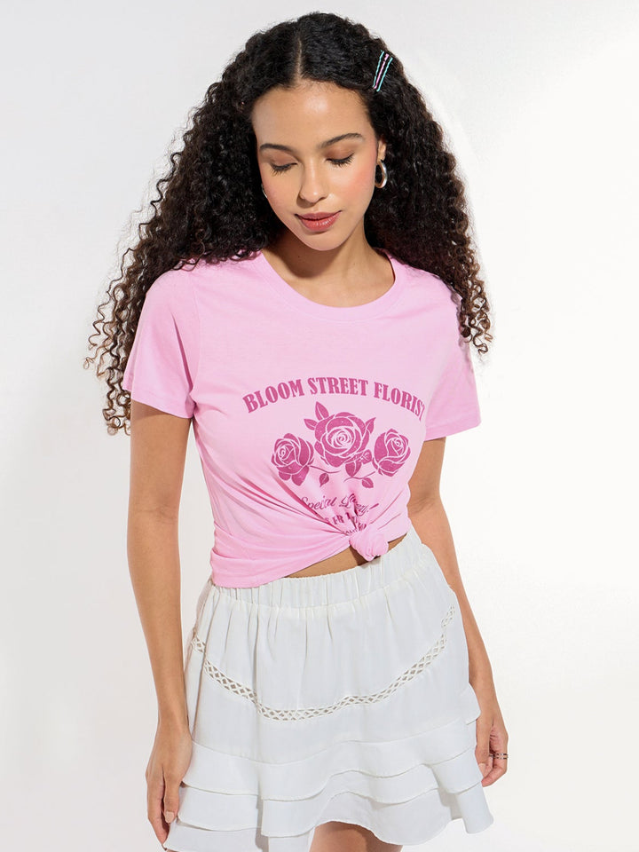 Pink Crew Neck Graphic Tshirt