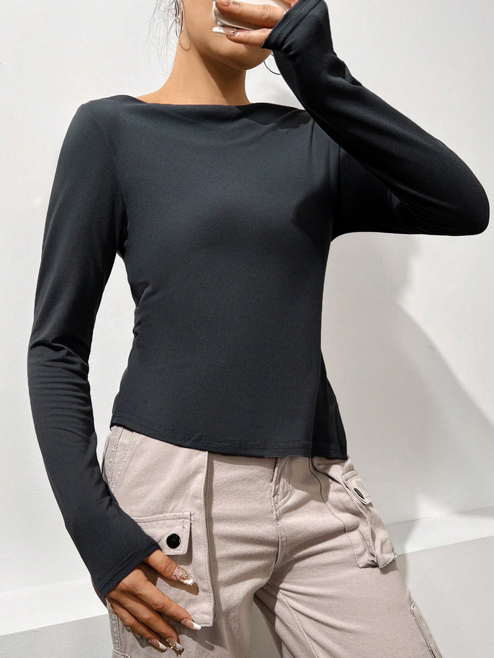 Grey Boat Neck Back Cowl Top