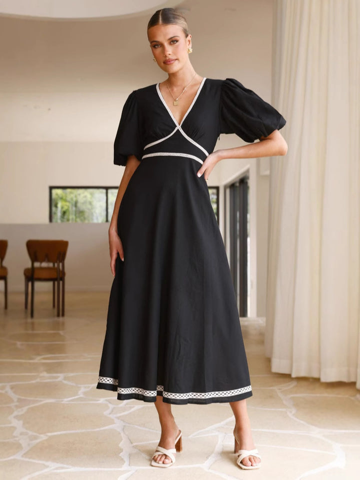 Black Plunge Neck Contrast Binding Dress