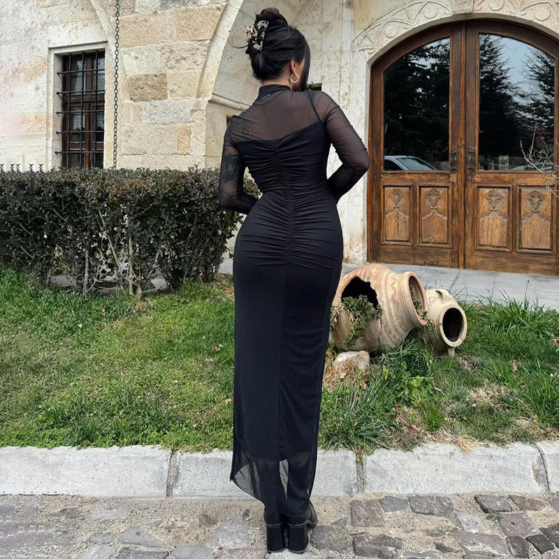 Black Sweatheart Neck Line Mesh Dress Maxi Dress