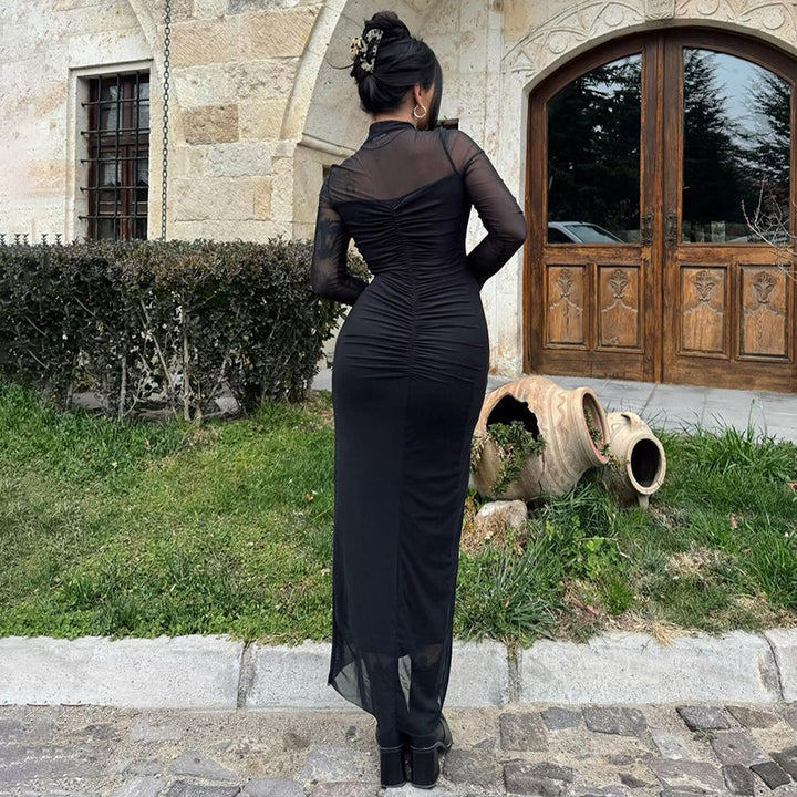 Black Sweatheart Neck Line Mesh Dress Maxi Dress