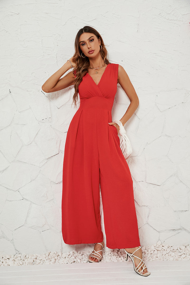 Red Wrap Neck Sleeveless Jumpsuit