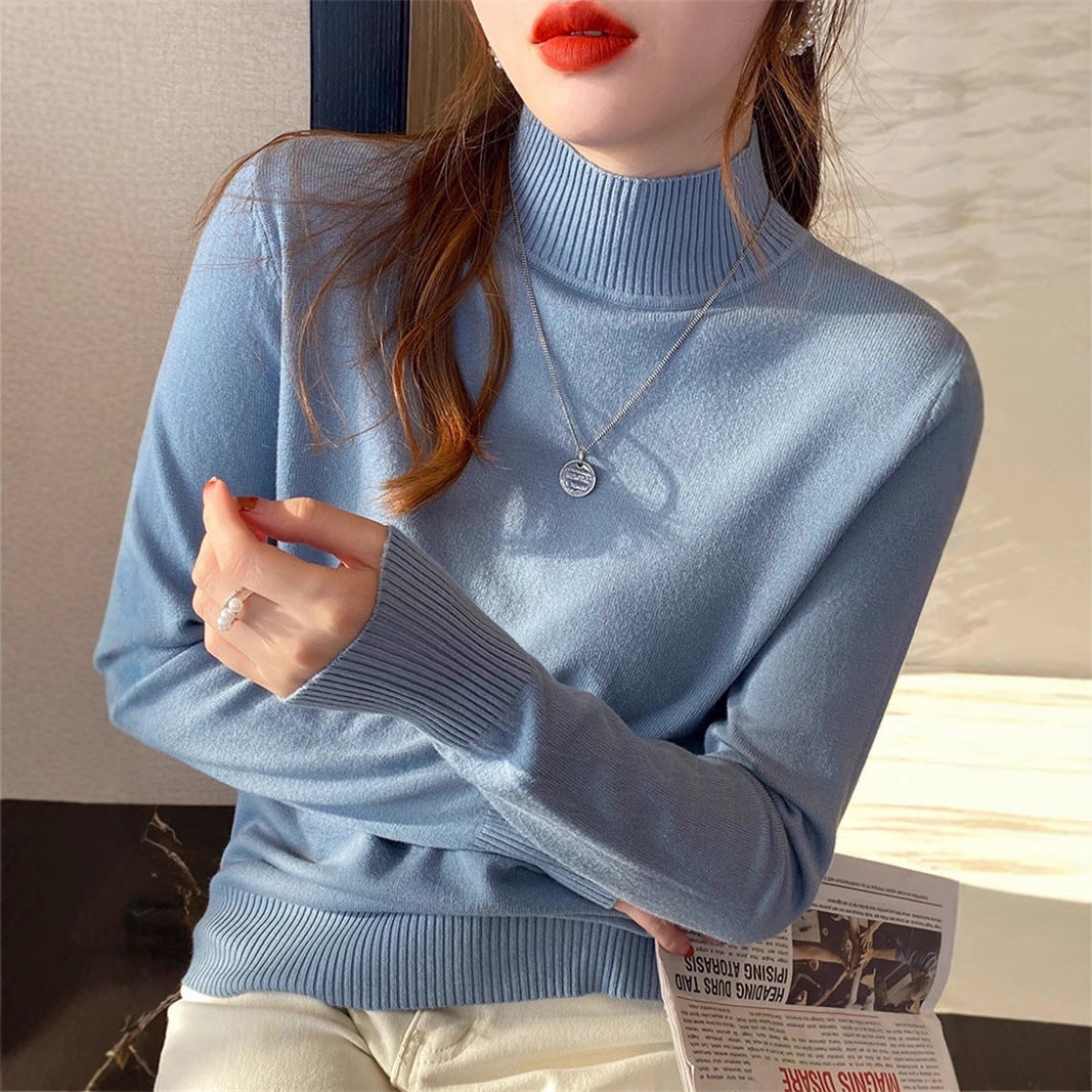 Blue Full Sleeve Mock Neck Fitted Sweater