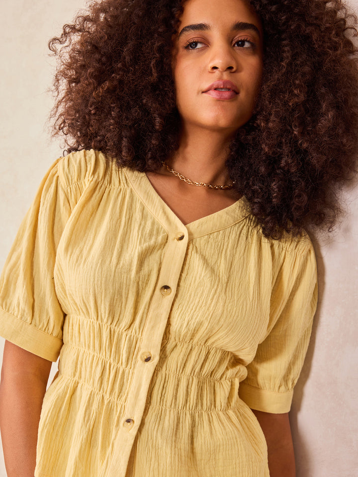 Yellow Front Buttoned Top With Waist Ruching