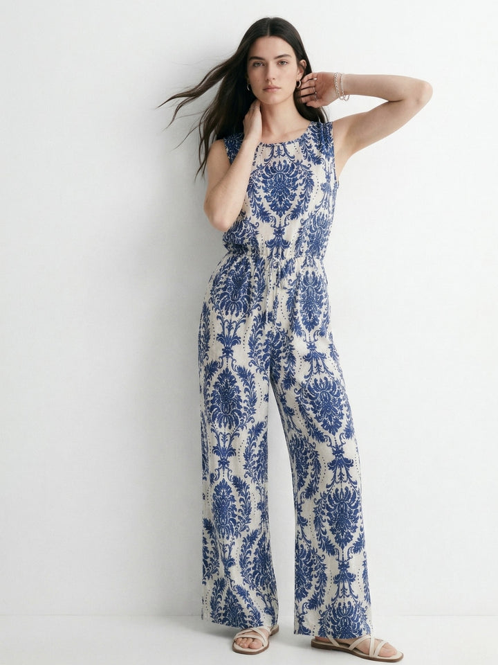 Blue Sleeveless Printed Jumpsuits