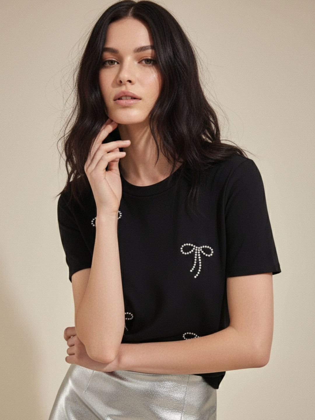 Black Embellished All Over Bows T-Shirt