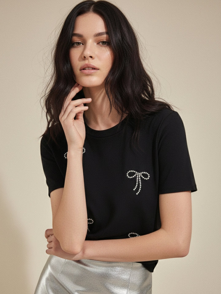 Black Embellished All Over Bows T-Shirt