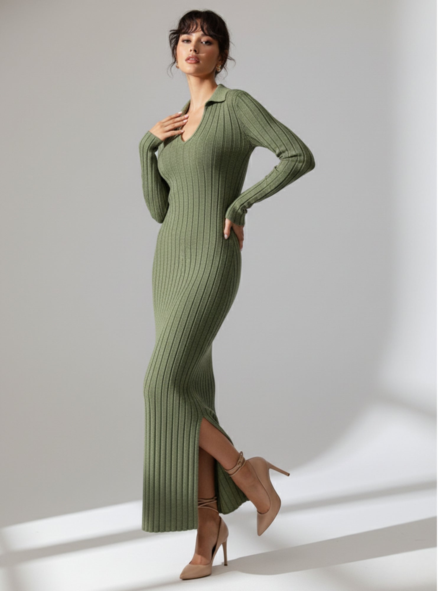 Olive Collared Wide Spaced Rib Dress