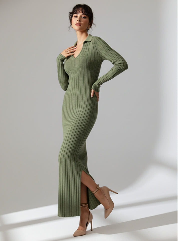 Olive Collared Wide Spaced Rib Dress