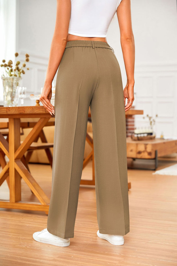 Khaki Wide Leg Pleated Pants