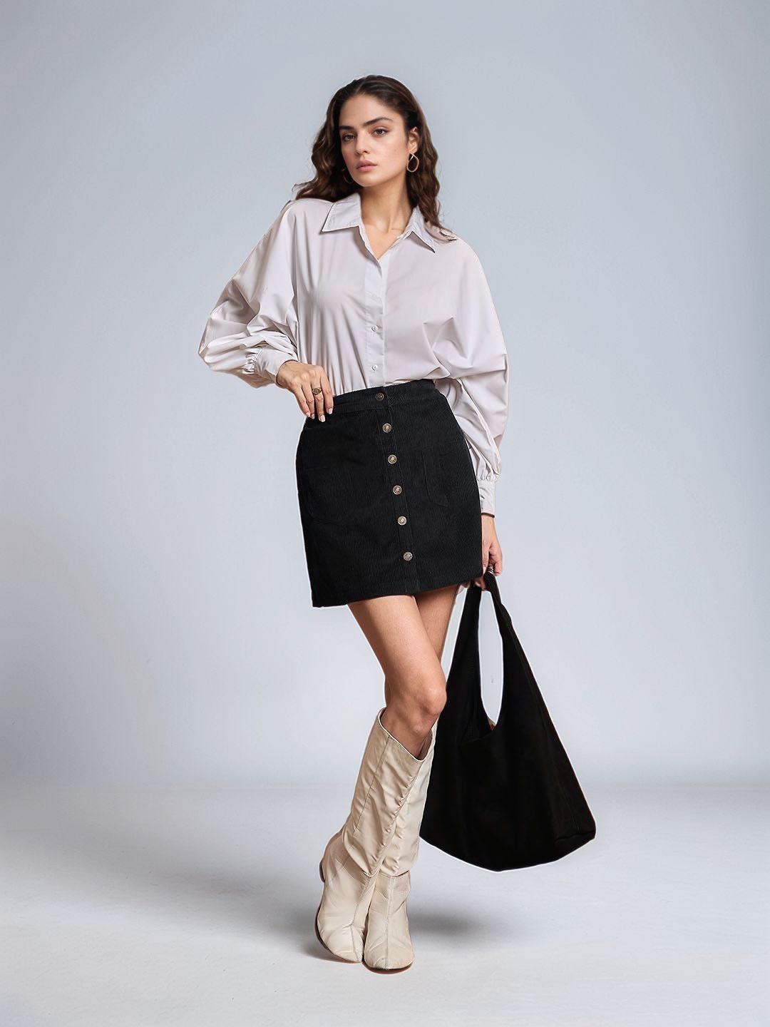 Black Front Buttoned Mini Skirt