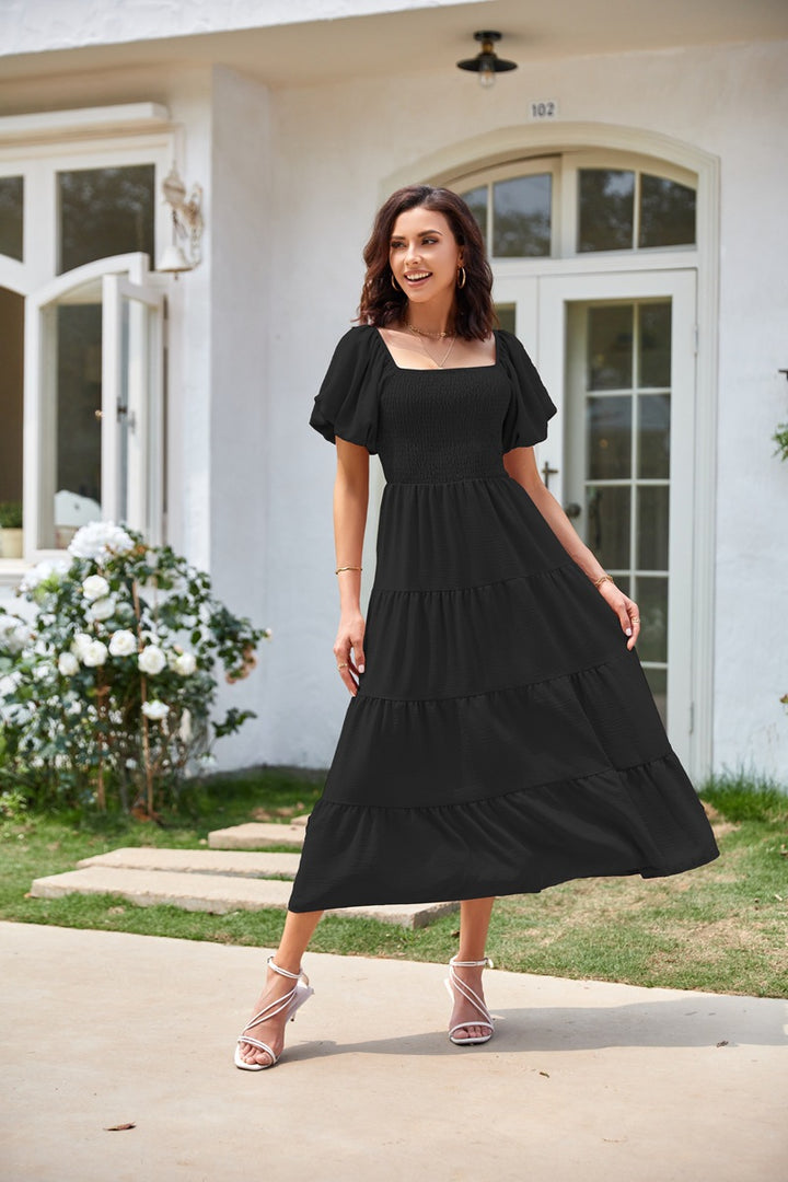 Black Square Neck Puff Sleeved Tiered Dress
