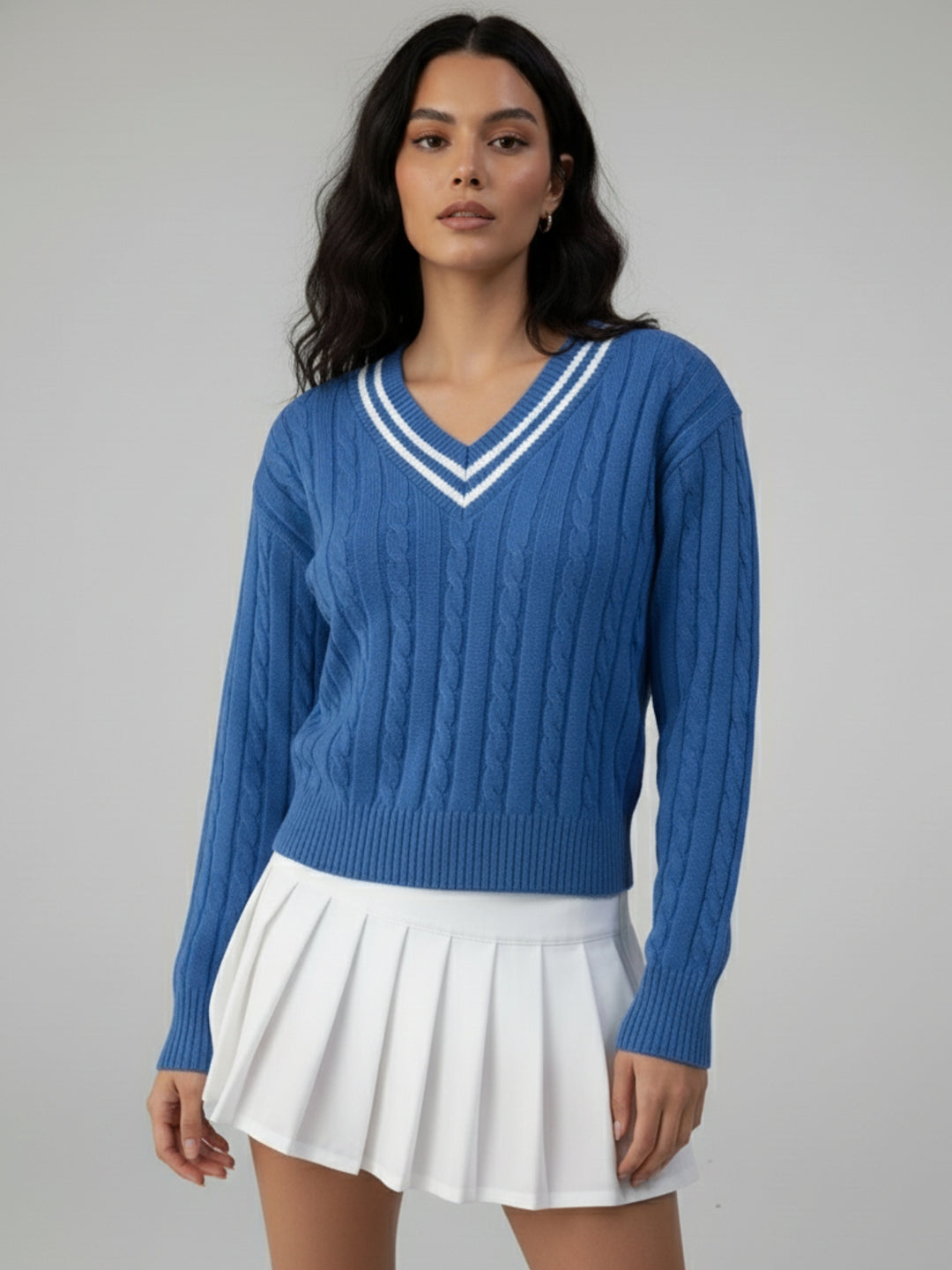 Blue V Neck Cable Structure Sweater