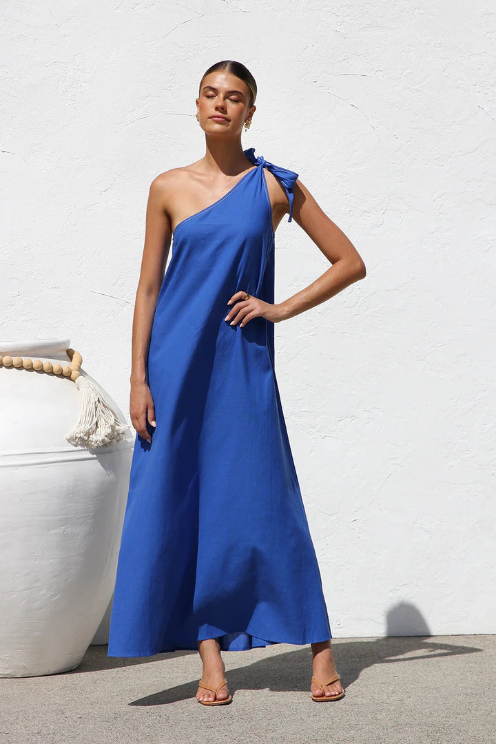 Blue  One Shoulder Tie-Up Dress