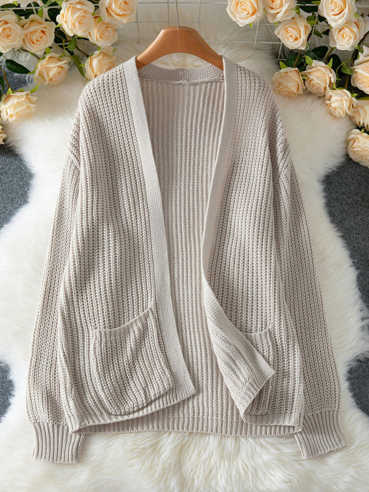 Grey Full Sleeves Double Pocket Solid Cardigan
