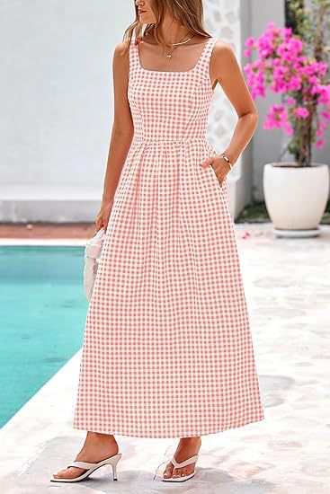 Orange Striped Square Neck Cinched Waist Dress