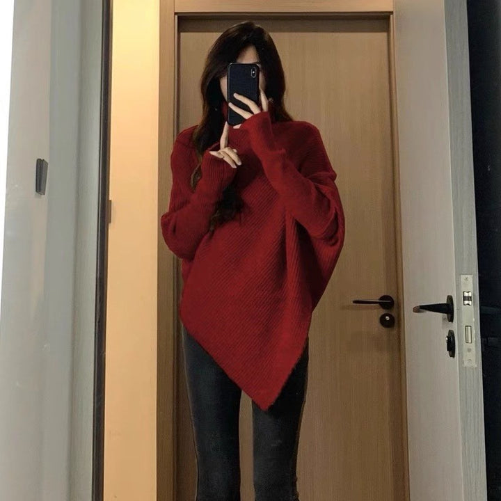 Red Full Sleeve Turtle Neck Asymmetrical Hem Sweater