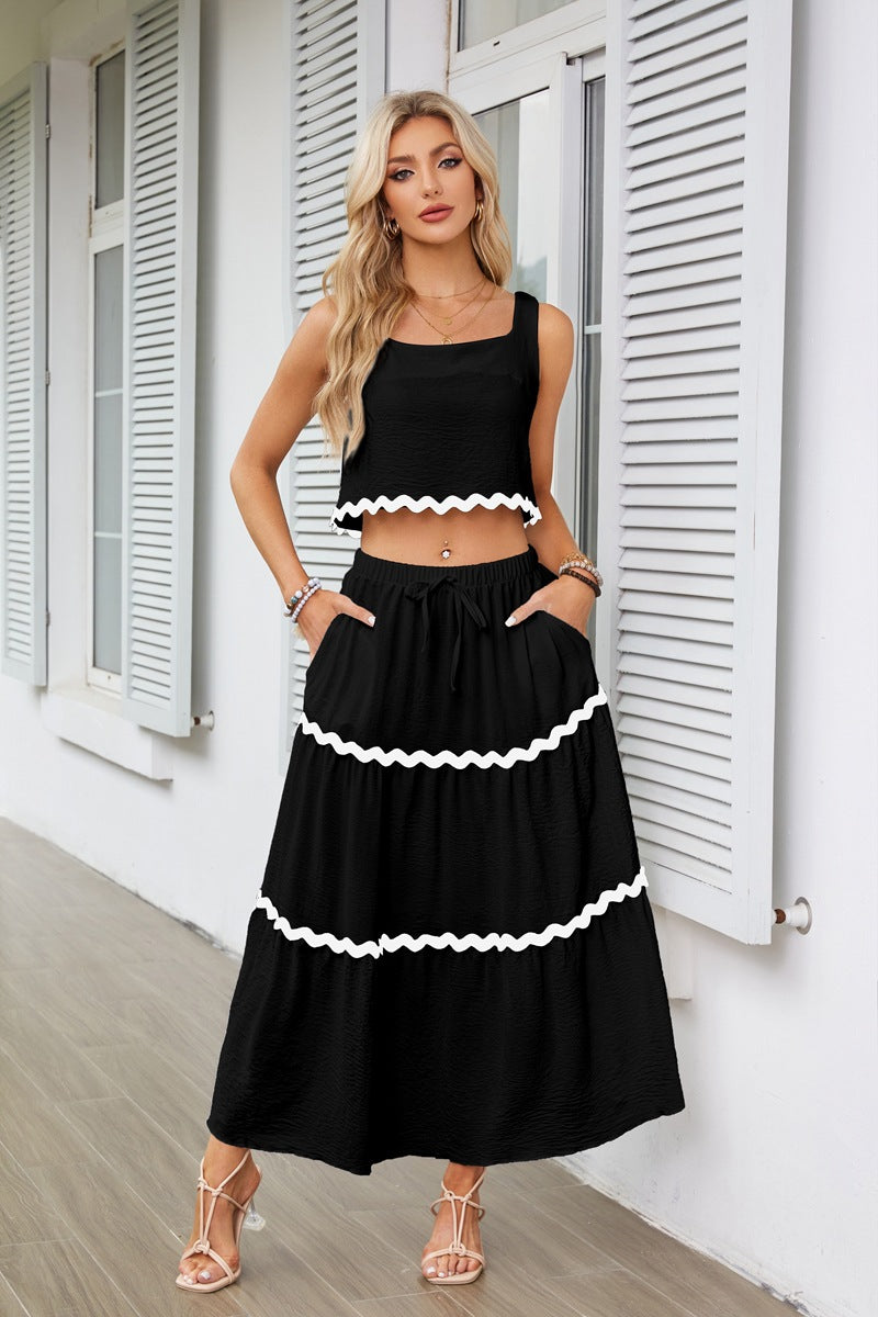 Black Contrast Tipping Top And Skirt Co-Ord Set