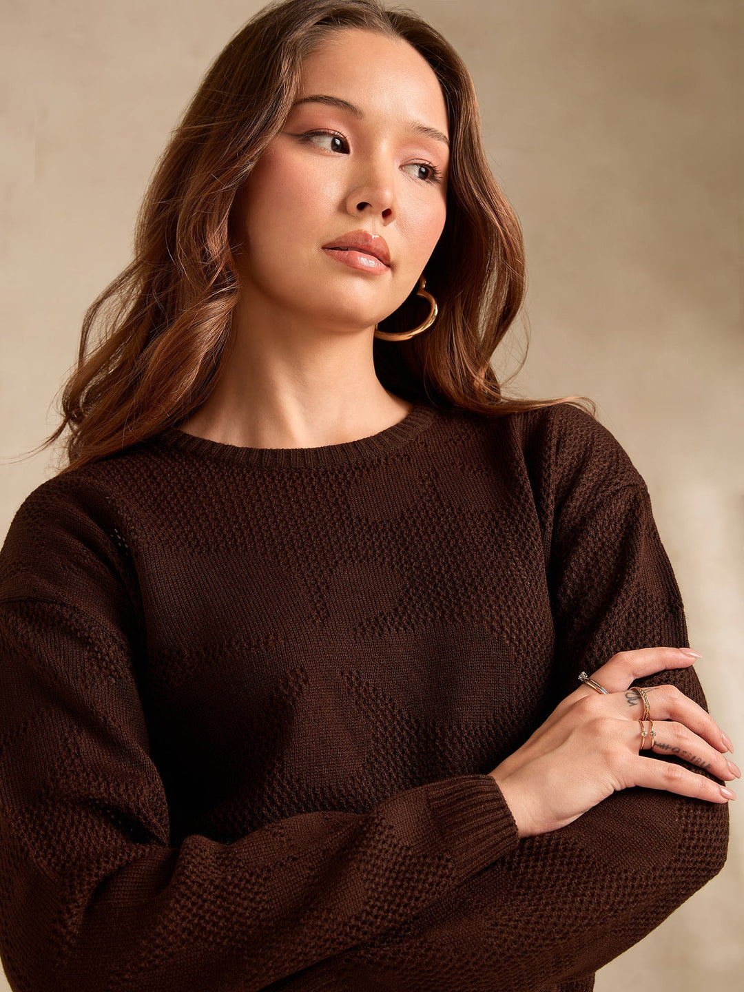 Brown Bold Floral Print Sweater