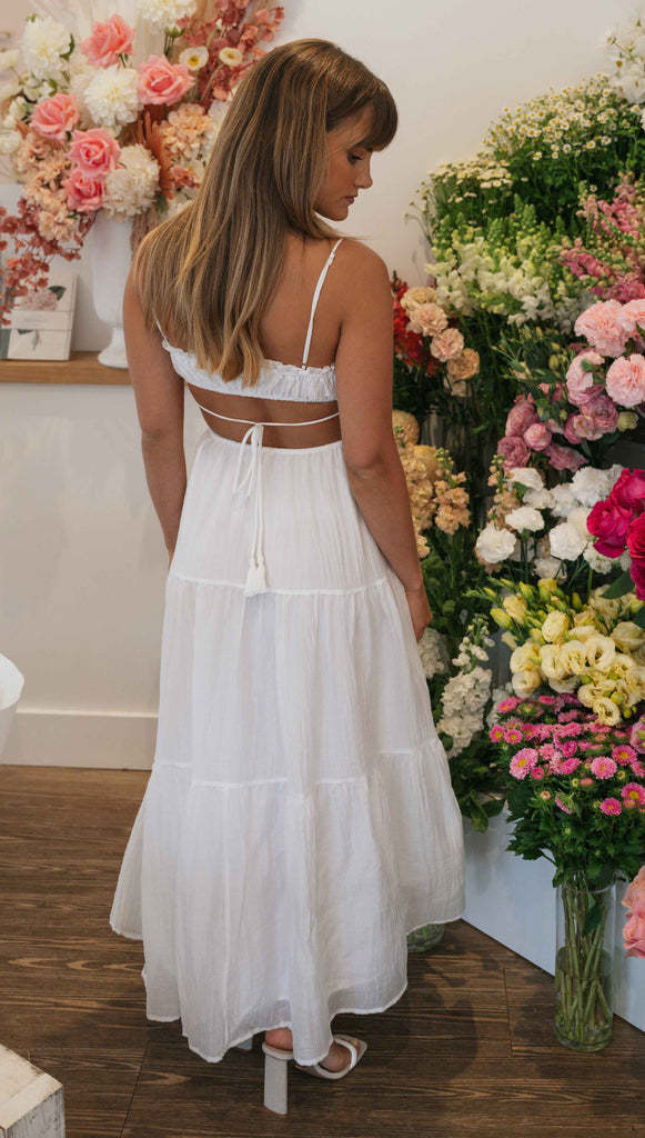 White Noodle Strap Back Tie Up Dress