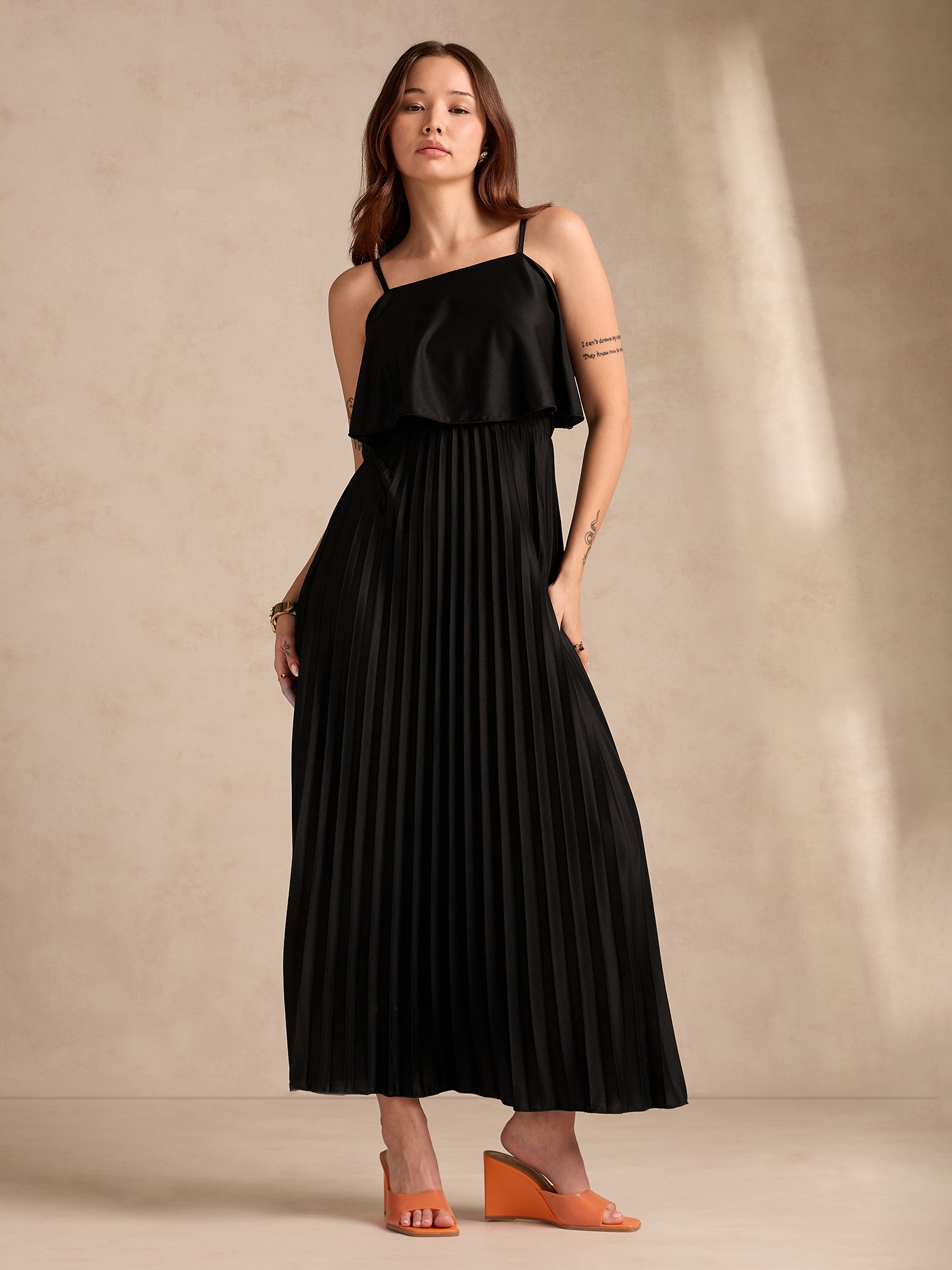 Black Strappy Pleated Maxi Dress