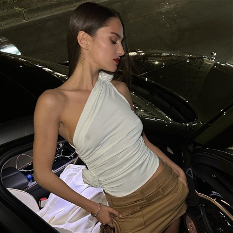 White One Shoulder 3D Flower Top