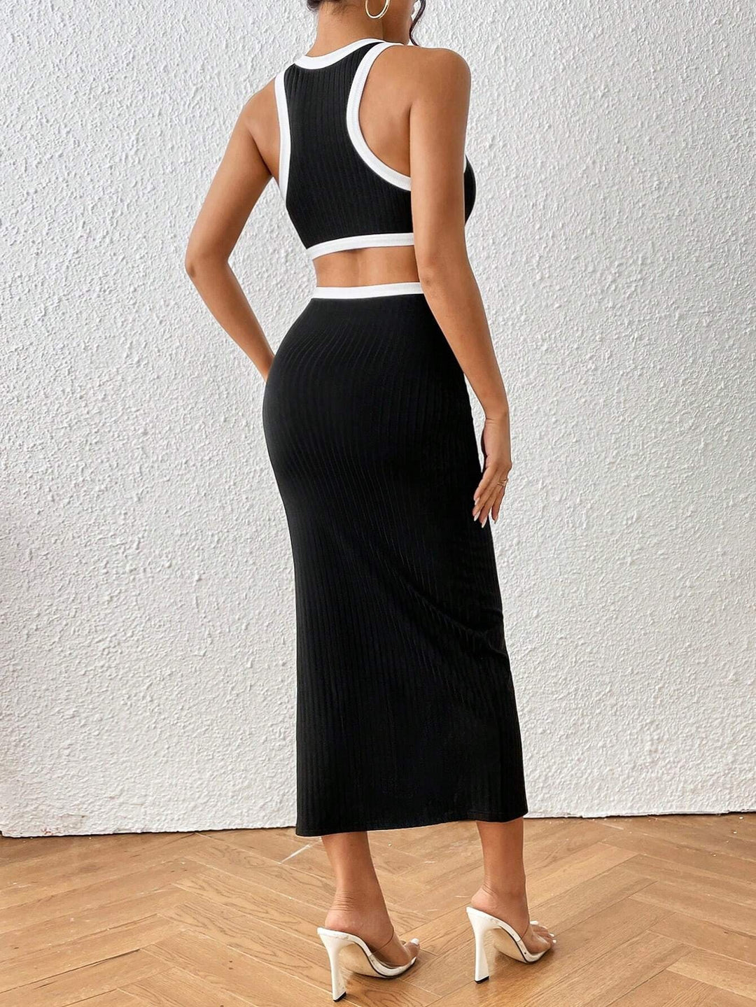 Black Contrast Rib Back Cut-Out Detail Dress