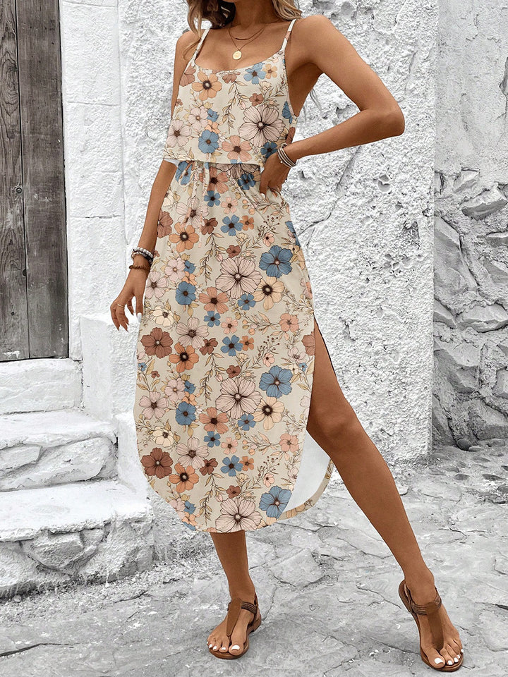 Cream Floral Printed Tiered Dress