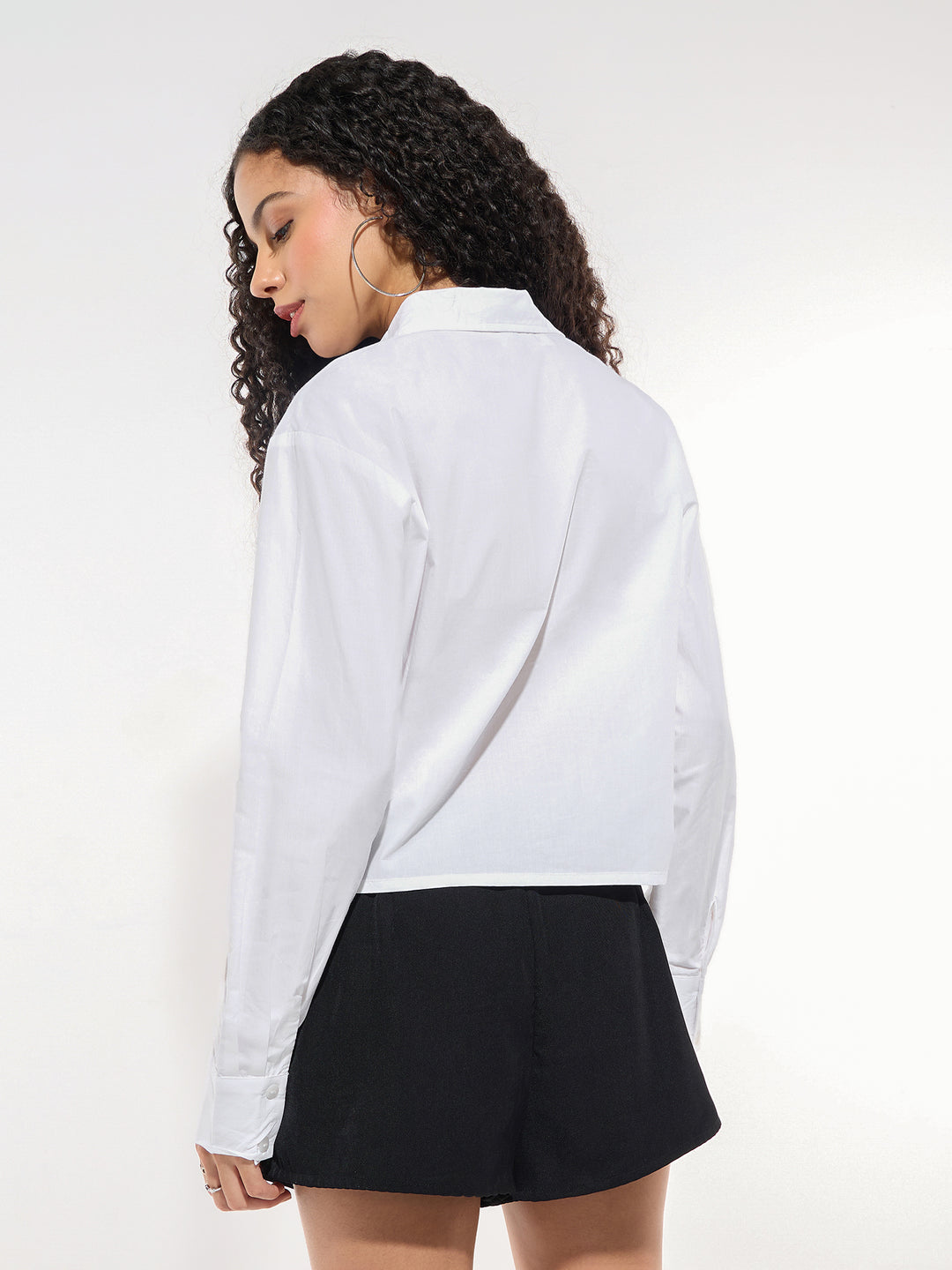 White Cropped Printed Shirt